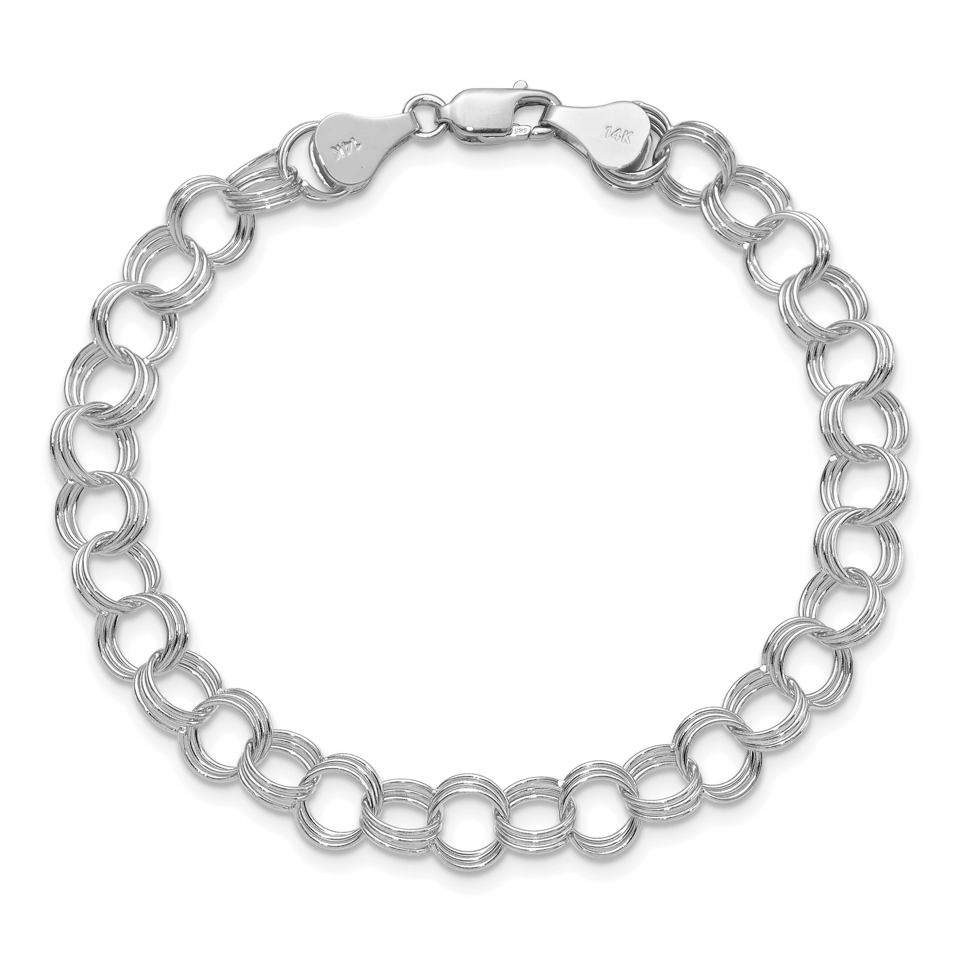 14k White Gold 7mm Solid Triple Link 7 inch Charm Bracelet
