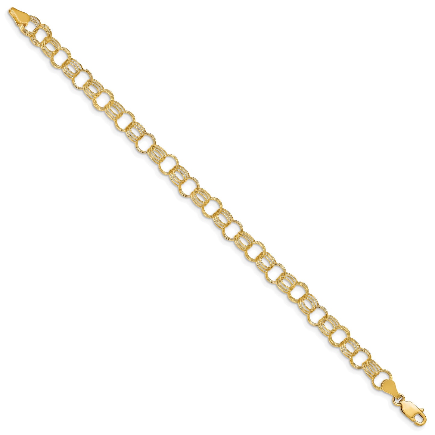 14k 7.5mm Solid Polished and Textured Triple Link 7 inch Charm Bracelet