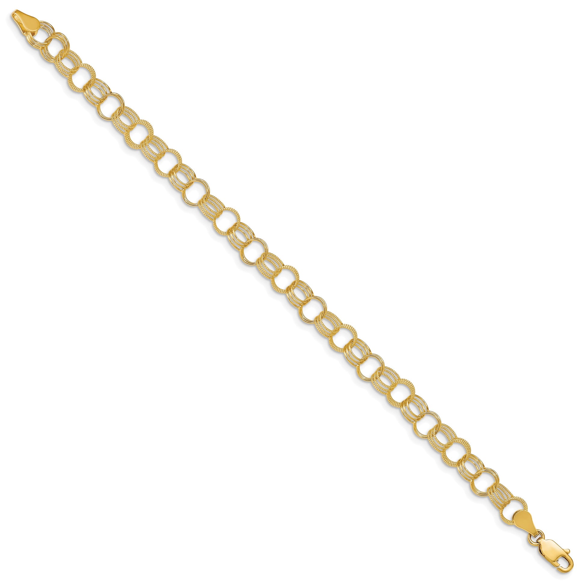 14k 7.5mm Solid Polished and Textured Triple Link 7 inch Charm Bracelet