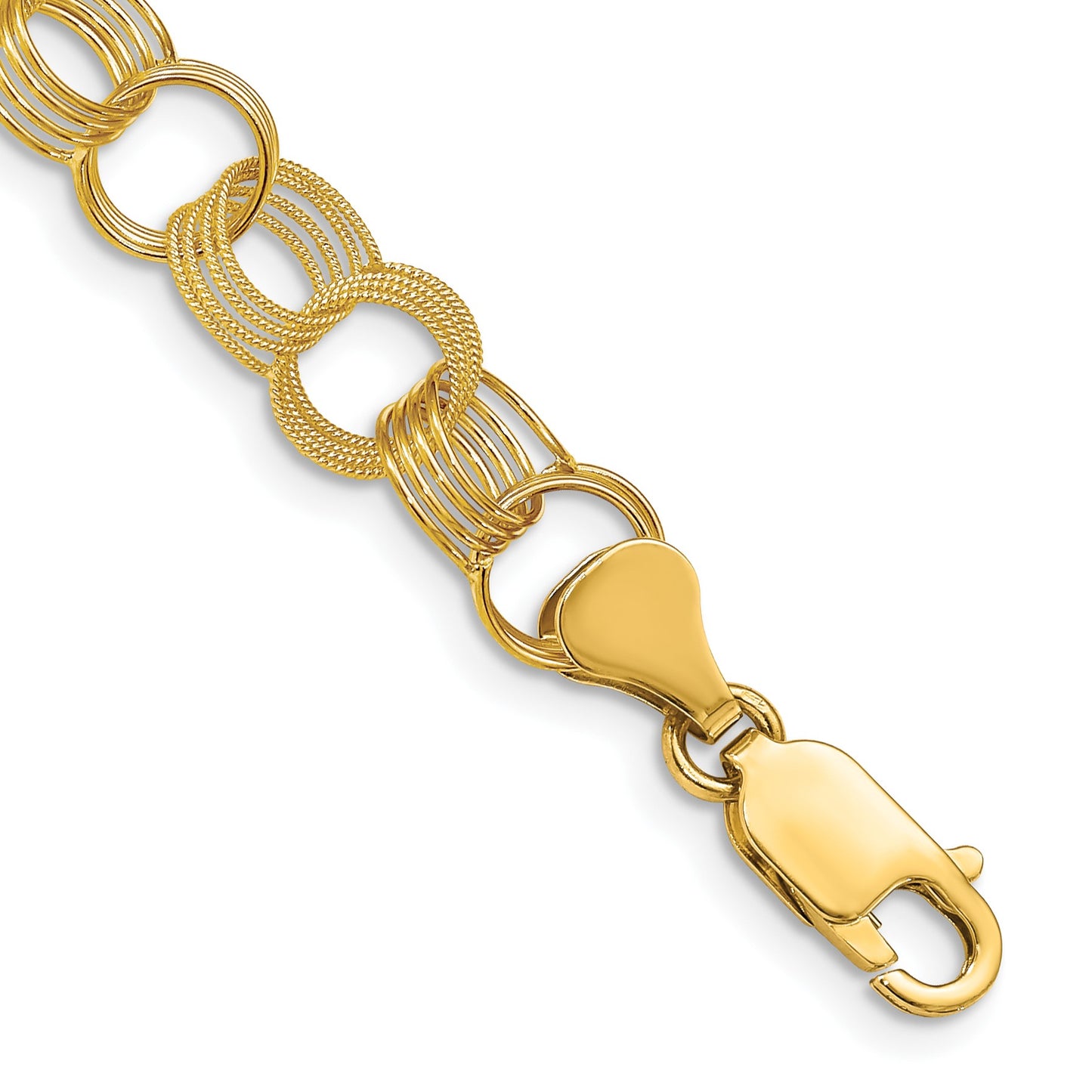 14k 8mm Solid Polished and Textured Triple Link 7 inch Charm Bracelet