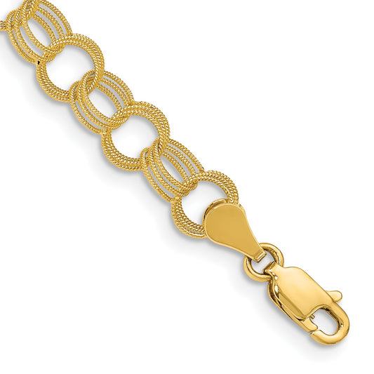 14k 6mm Solid Textured Triple Link 7 inch Charm Bracelet
