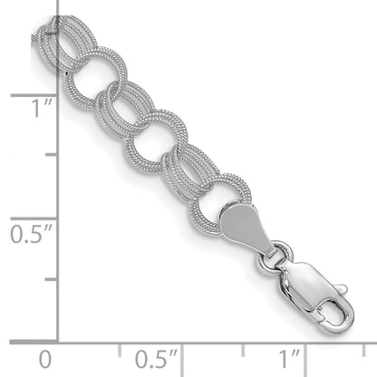 14k White Gold 6mm Solid Textured Triple Link 7 inch Charm Bracelet
