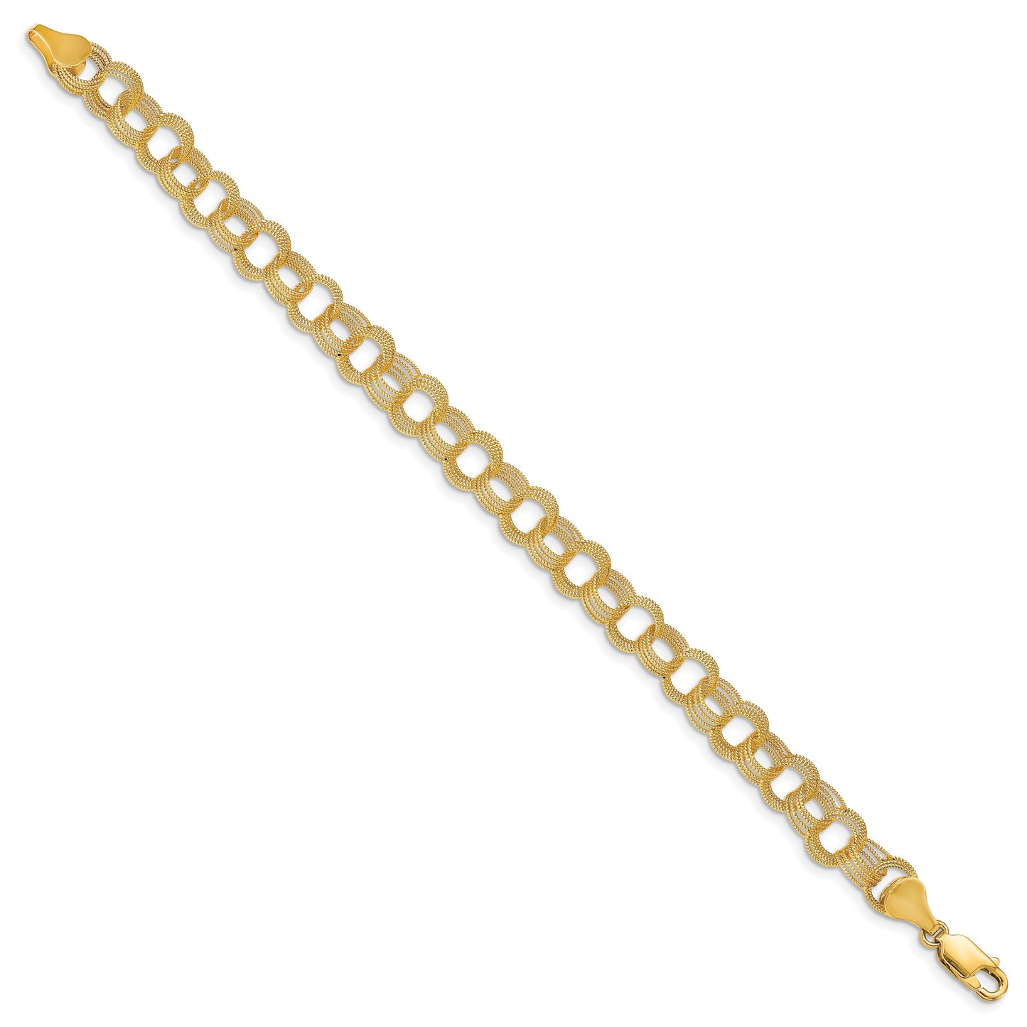 14k 7mm Solid Textured Triple Link 7 inch Charm Bracelet