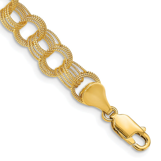 14k 7mm Solid Textured Triple Link 7 inch Charm Bracelet