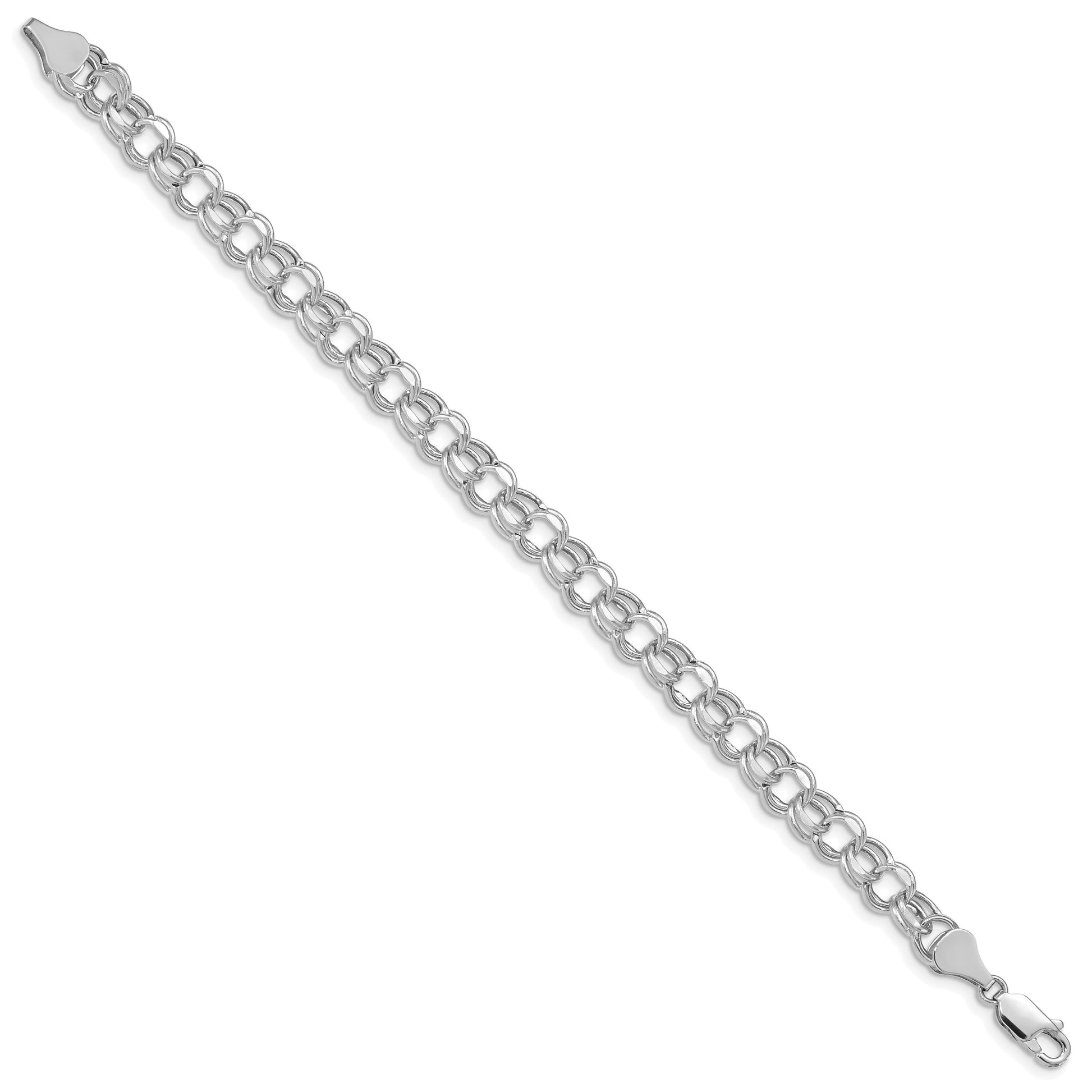 14k White Gold 7mm Hollow Diamond-cut Double Link 7 inch Charm Bracelet