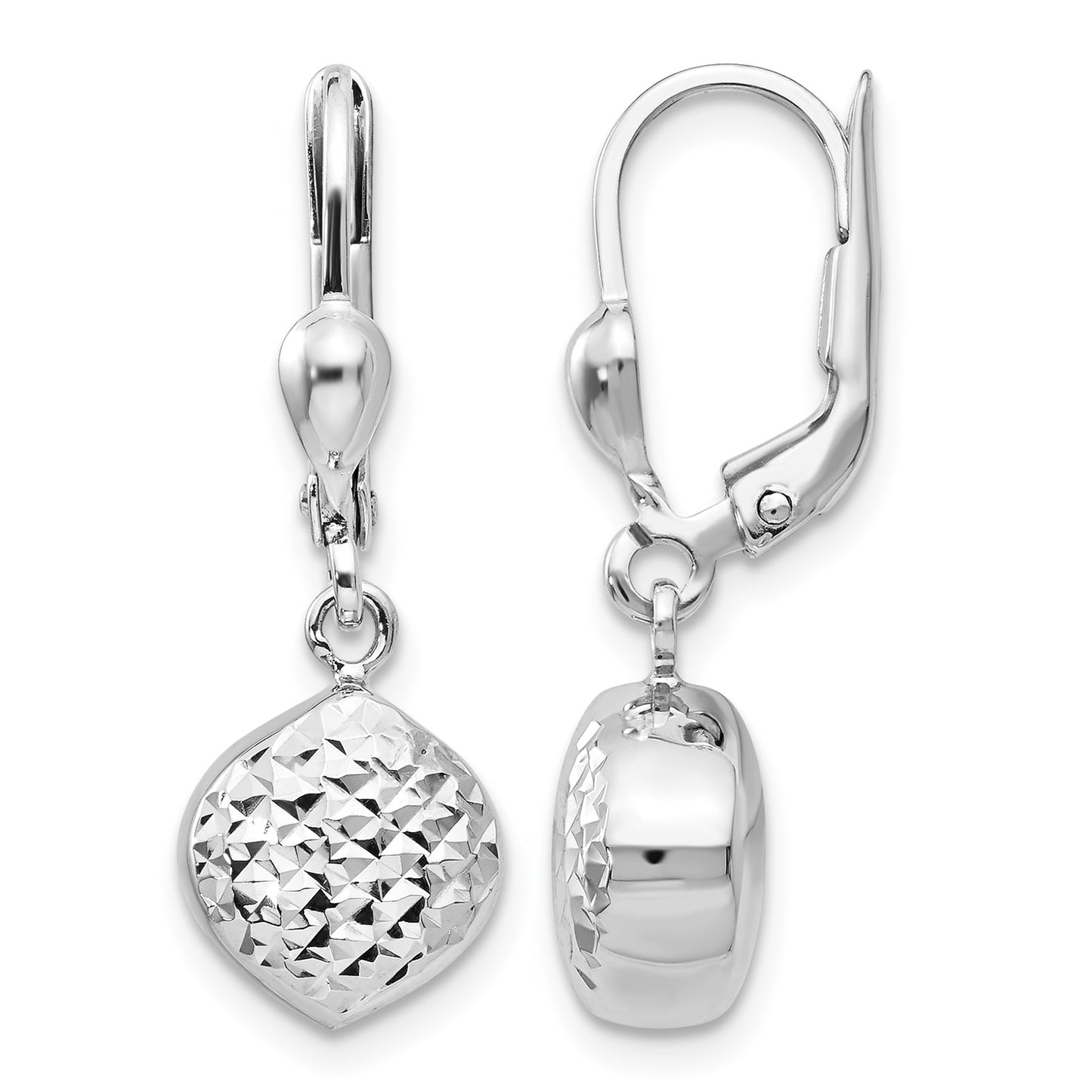14k White Gold Polished Diamond-Cut Circle Dangle Leverback Earrings