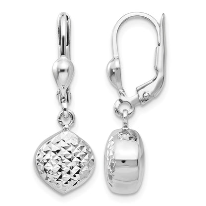 14k White Gold Polished Diamond-Cut Circle Dangle Leverback Earrings