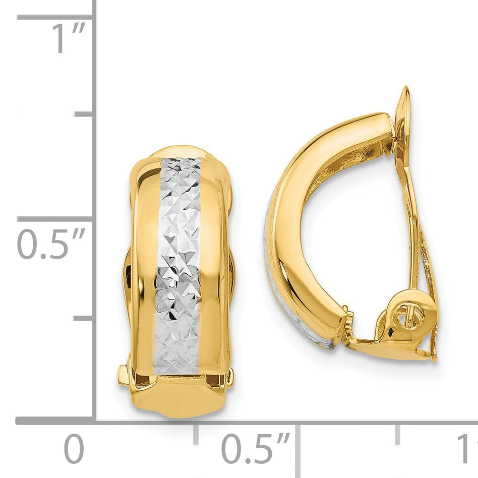 14k and White Rhodium 6x17mm Diamond-cut Half Hoop Omega Back Non-pierced Earrings