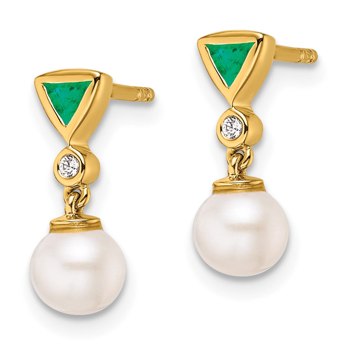14K White Round Freshwater Cultured Pearl/.02 carat Diamond/Trillion Emerald Dangle Post Earrings