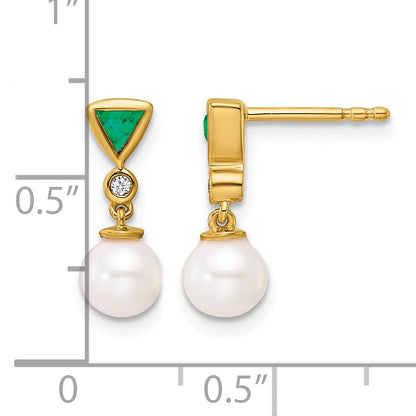14K White Round Freshwater Cultured Pearl/.02 carat Diamond/Trillion Emerald Dangle Post Earrings