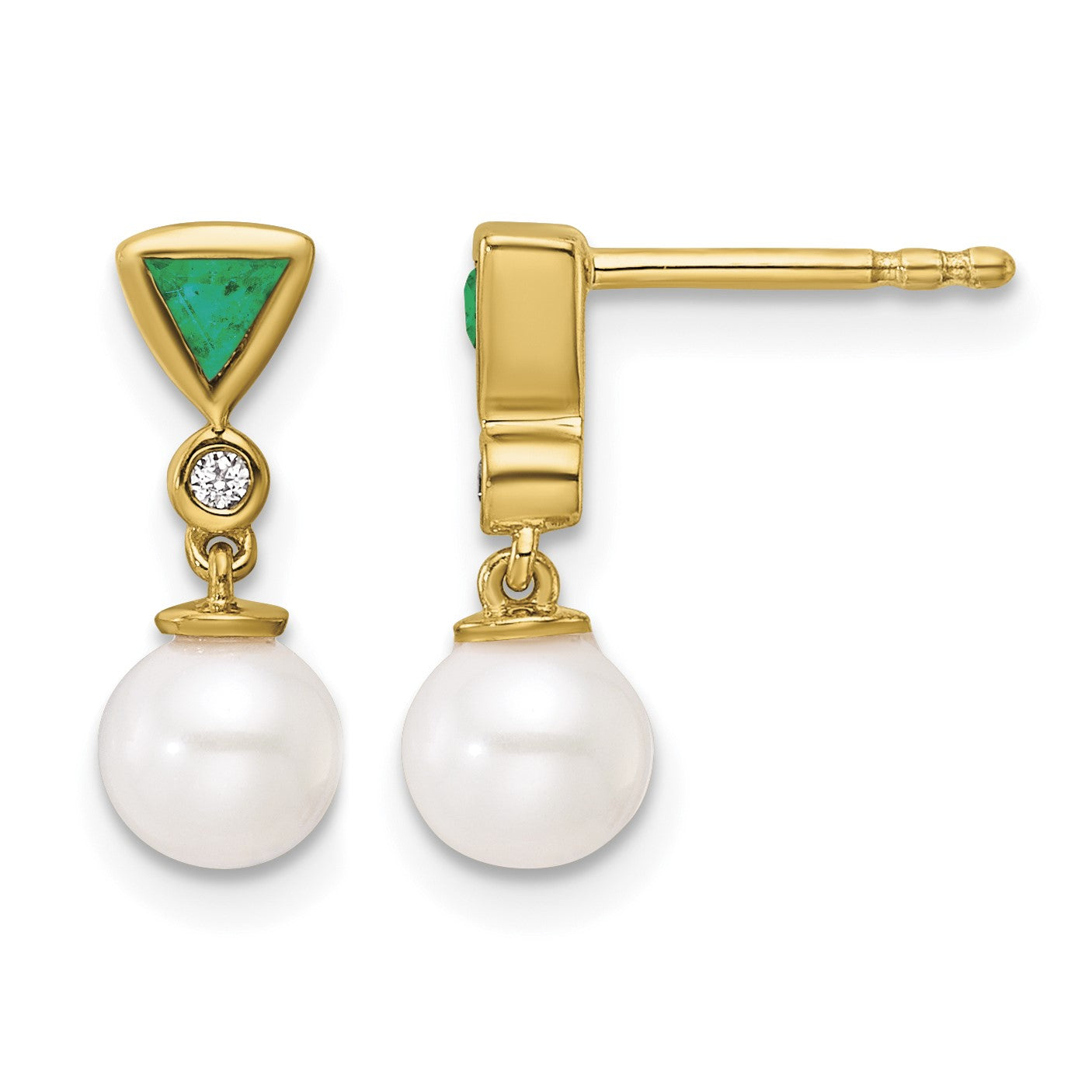 14K White Round Freshwater Cultured Pearl/.02 carat Diamond/Trillion Emerald Dangle Post Earrings