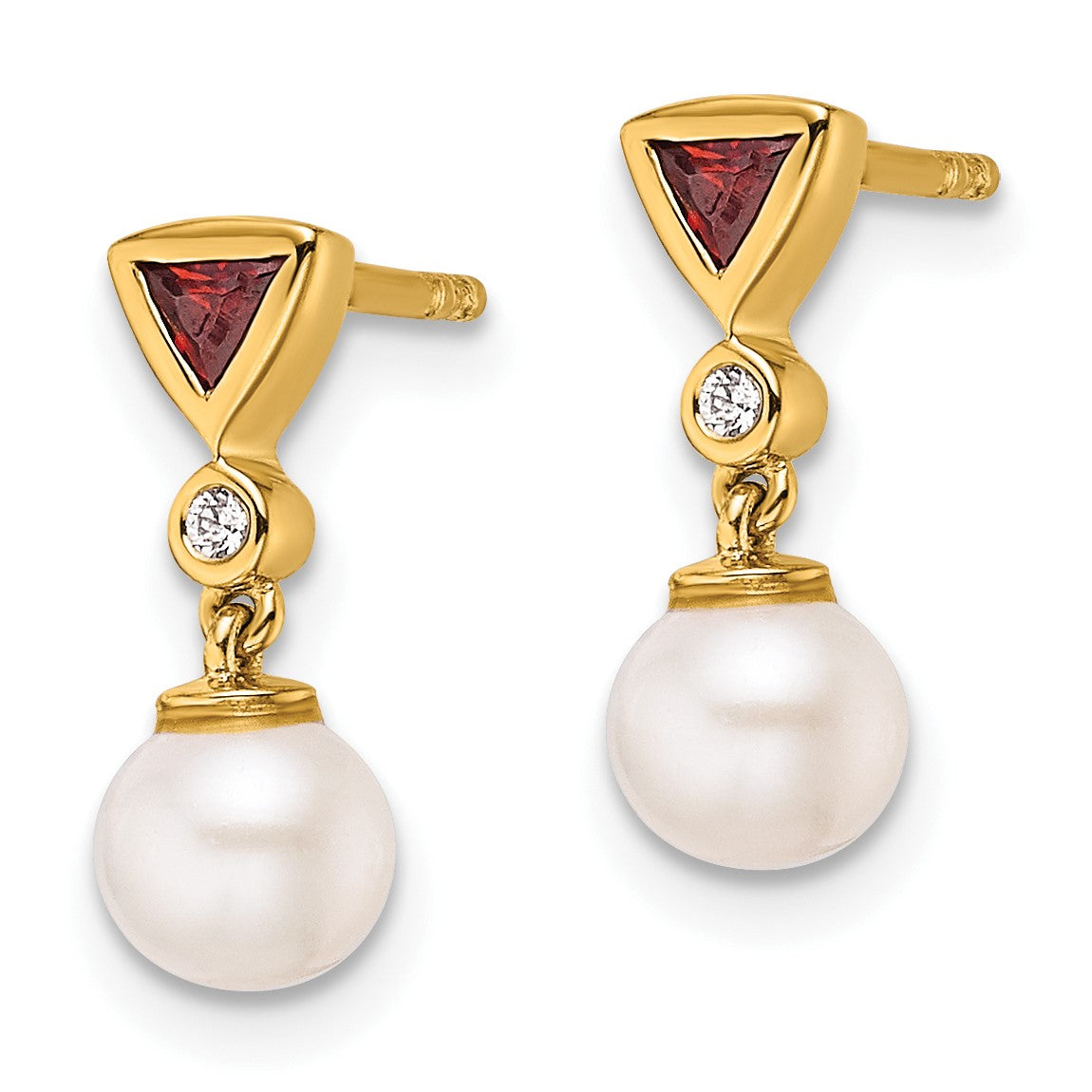 14K White Round Freshwater Cultured Pearl/.02 carat Diamond/Trillion Ruby Dangle Post Earrings