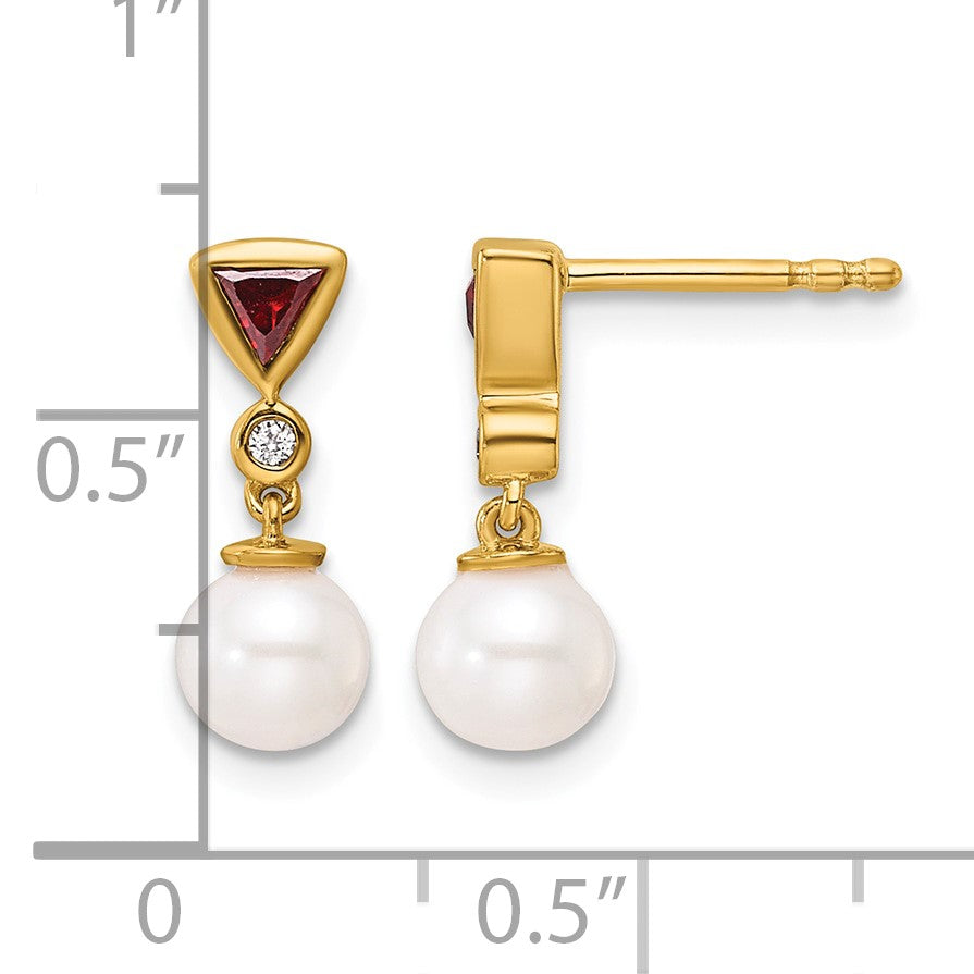 14K White Round Freshwater Cultured Pearl/.02 carat Diamond/Trillion Ruby Dangle Post Earrings