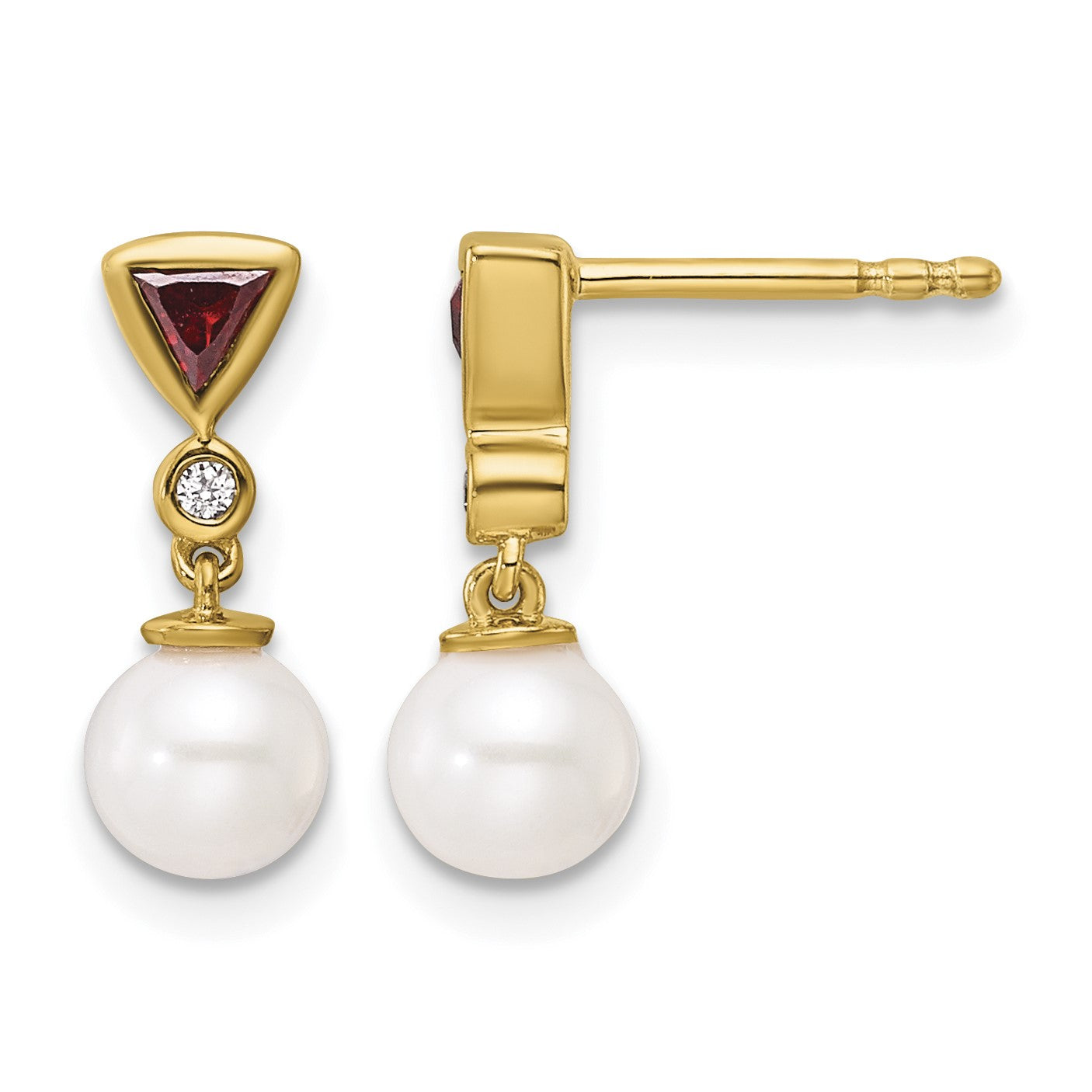14K White Round Freshwater Cultured Pearl/.02 carat Diamond/Trillion Ruby Dangle Post Earrings