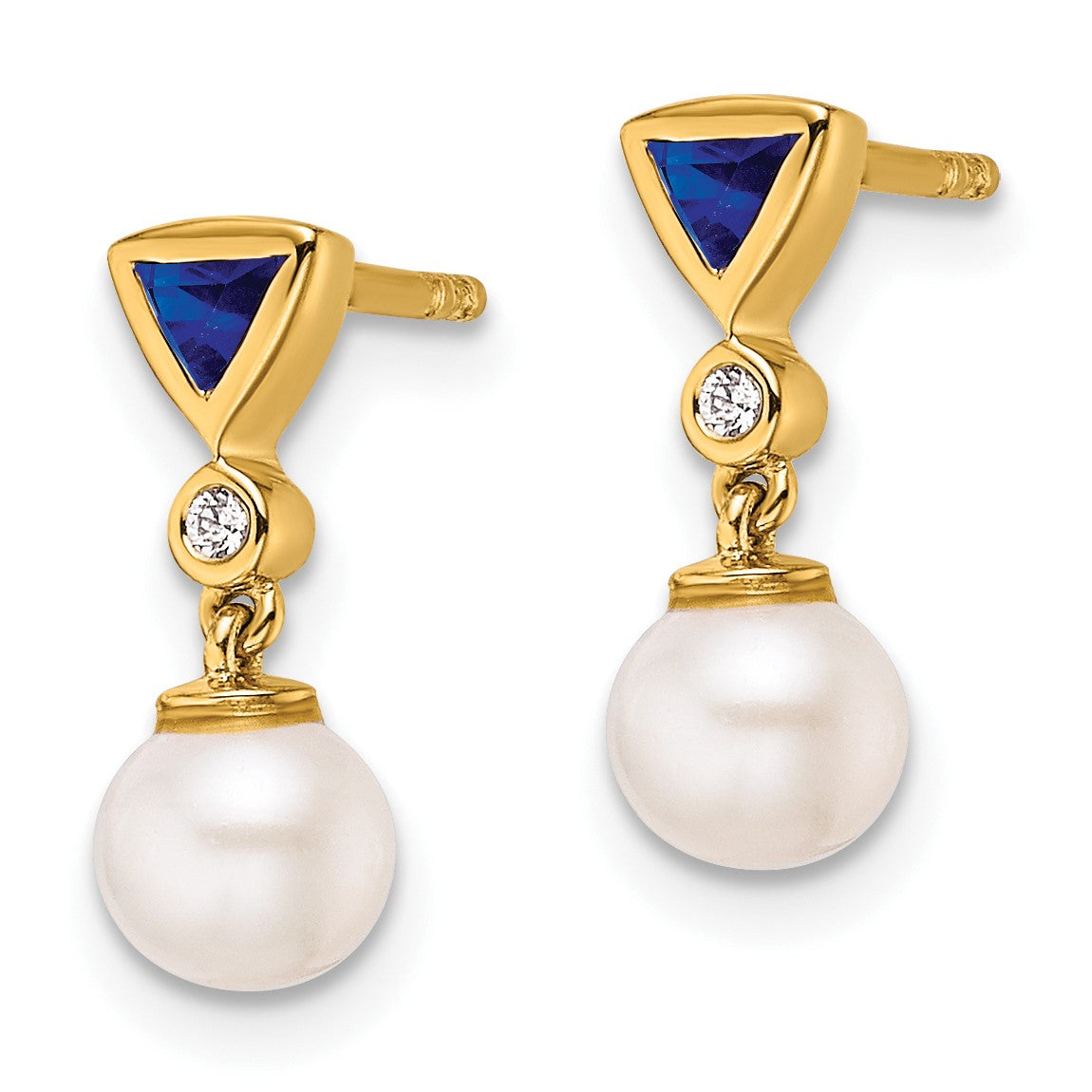 14K White Round Freshwater Cultured Pearl/.02 carat Diamond/Trillion Sapphire Dangle Post Earrings