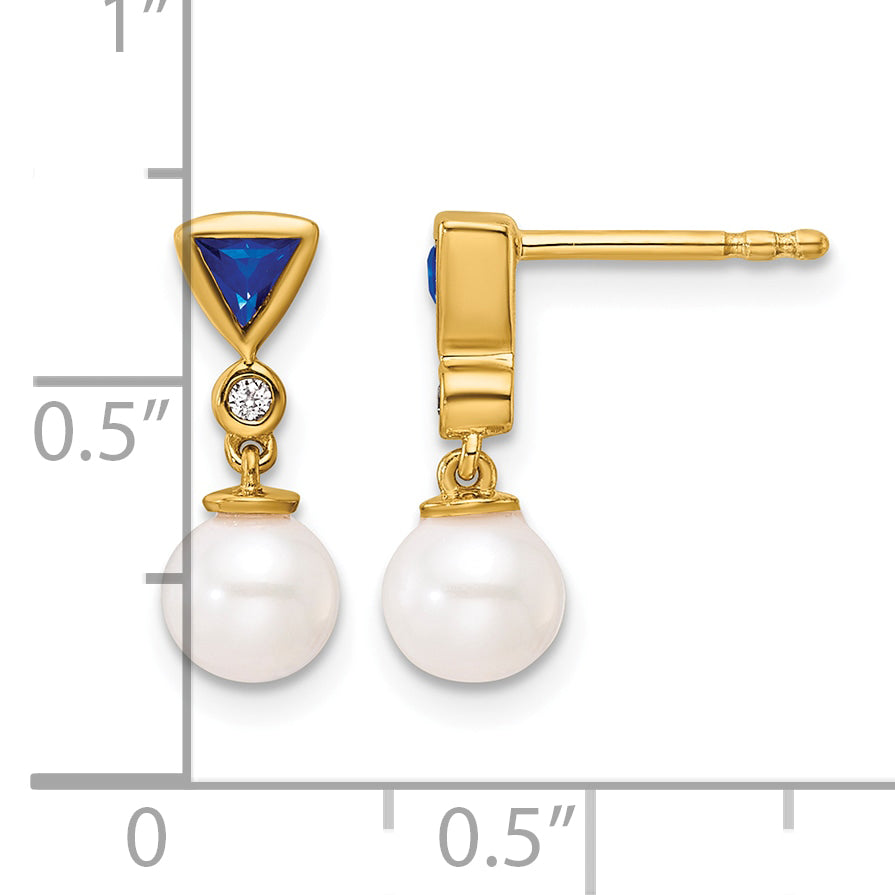 14K White Round Freshwater Cultured Pearl/.02 carat Diamond/Trillion Sapphire Dangle Post Earrings