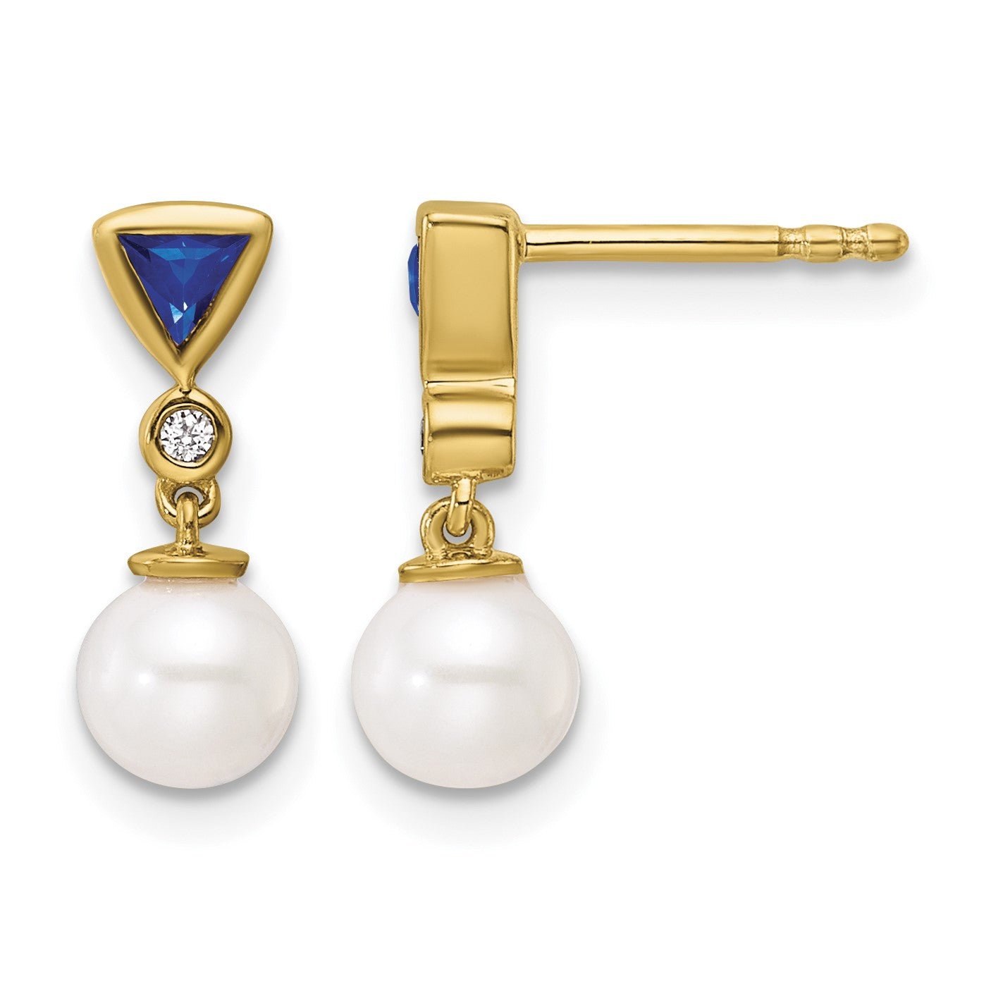 14K White Round Freshwater Cultured Pearl/.02 carat Diamond/Trillion Sapphire Dangle Post Earrings