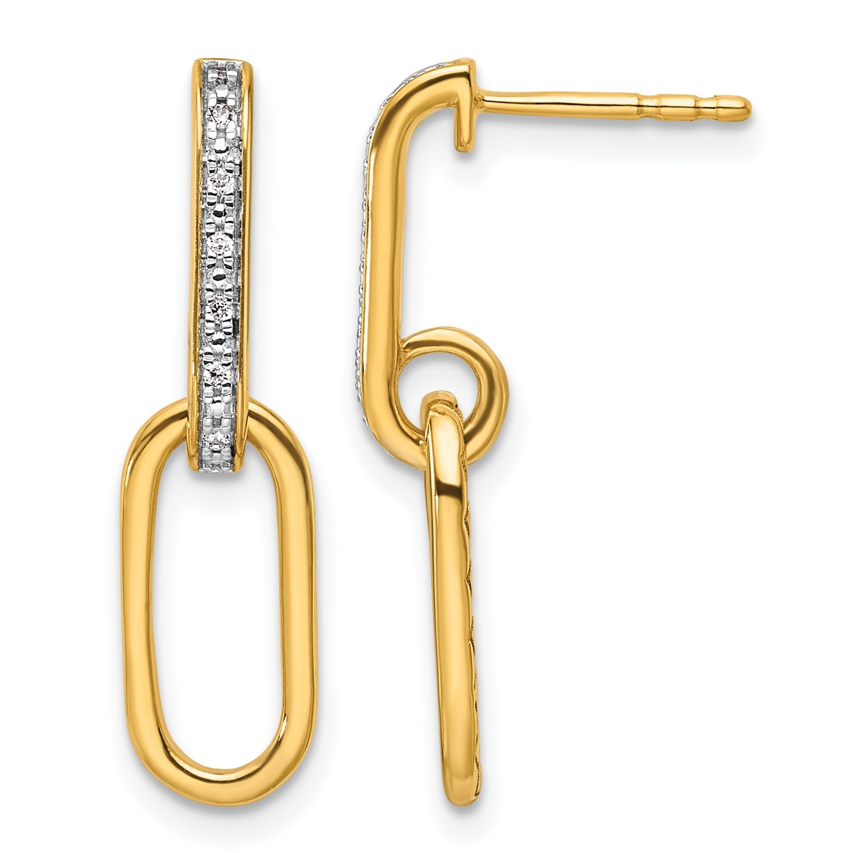 14K Polished 1/20 carat Diamond Paperclip Link Dangle Post Earrings