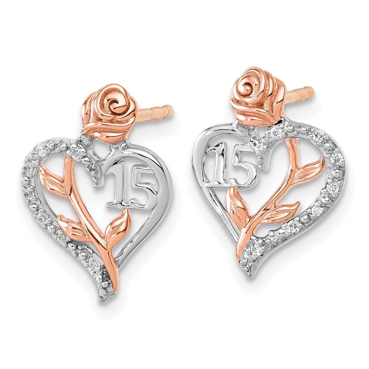 14K White and Rose Gold 1/20 carat Diamond Quinceanera 15 Heart Post Earrings