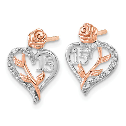 14K White and Rose Gold 1/20 carat Diamond Quinceanera 15 Heart Post Earrings