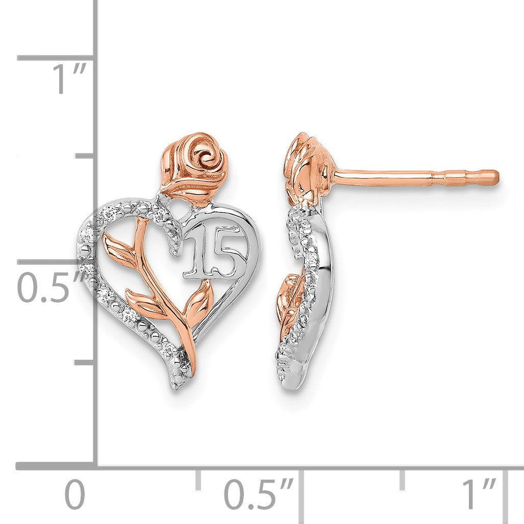 14K White and Rose Gold 1/20 carat Diamond Quinceanera 15 Heart Post Earrings
