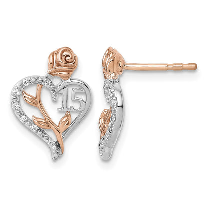 14K White and Rose Gold 1/20 carat Diamond Quinceanera 15 Heart Post Earrings