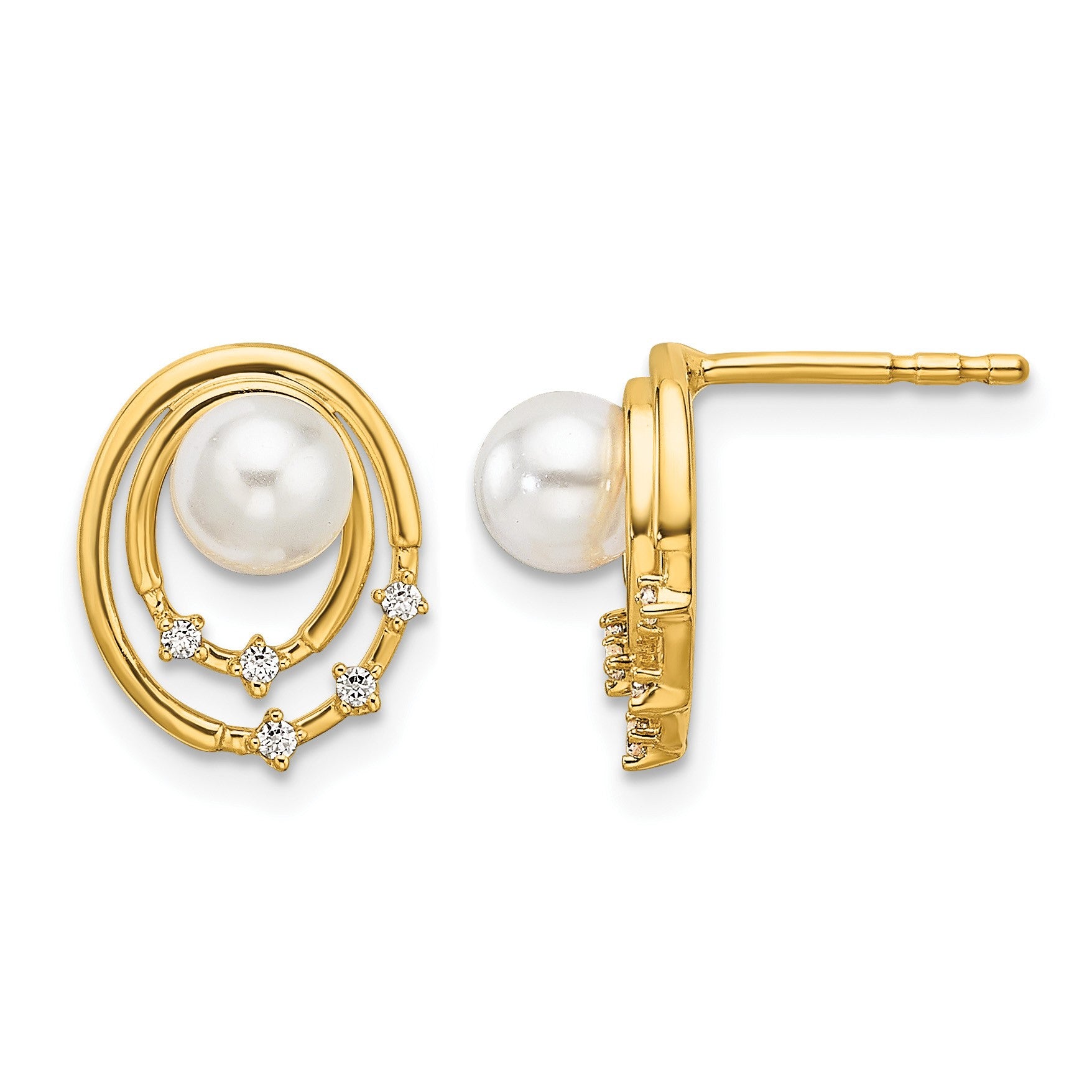 14K Polished 1/20 carat Diamond and White Freshwater Cultured Pearl Ovals Drop Post Earrings