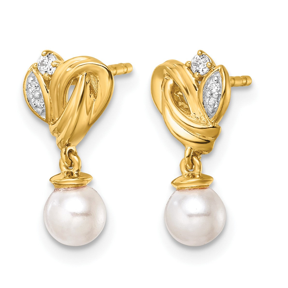14K Polished 1/15 carat Diamond and White Freshwater Cultured Pearl Dangle Post Earrings