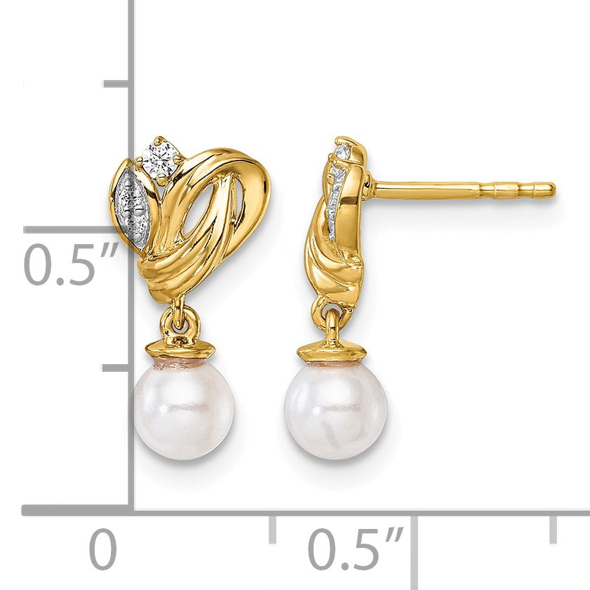 14K Polished 1/15 carat Diamond and White Freshwater Cultured Pearl Dangle Post Earrings