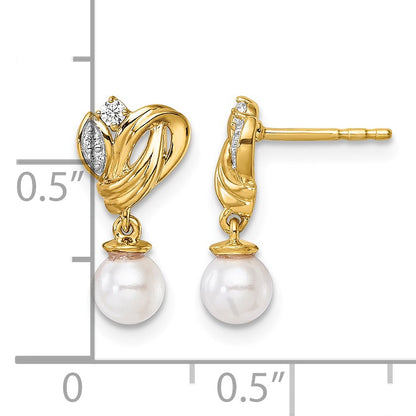 14K Polished 1/15 carat Diamond and White Freshwater Cultured Pearl Dangle Post Earrings