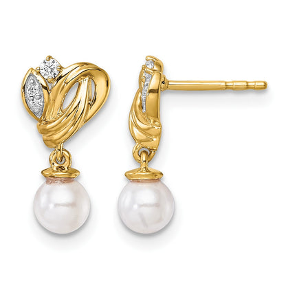 14K Polished 1/15 carat Diamond and White Freshwater Cultured Pearl Dangle Post Earrings