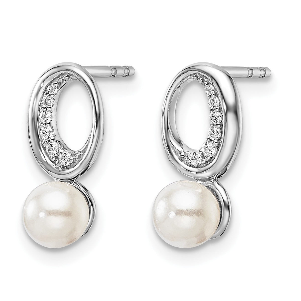 14K White Gold Polished 1/20 carat Diamond and White Freshwater Cultured Pearl Drop Post Earrings
