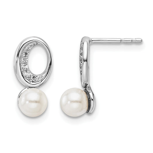 14K White Gold Polished 1/20 carat Diamond and White Freshwater Cultured Pearl Drop Post Earrings