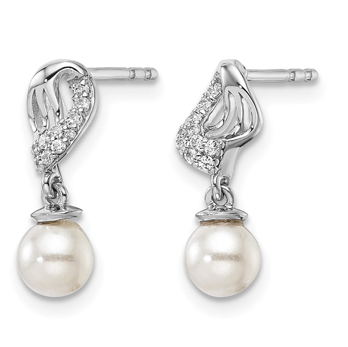 14K White Gold Polished 1/20 carat Diamond and White Freshwater Cultured Pearl Dangle Post Earrings
