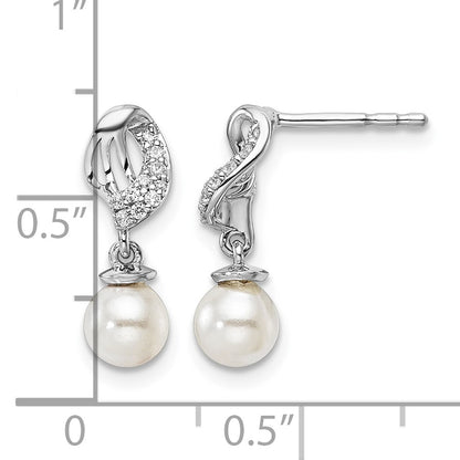 14K White Gold Polished 1/20 carat Diamond and White Freshwater Cultured Pearl Dangle Post Earrings