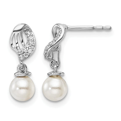 14K White Gold Polished 1/20 carat Diamond and White Freshwater Cultured Pearl Dangle Post Earrings