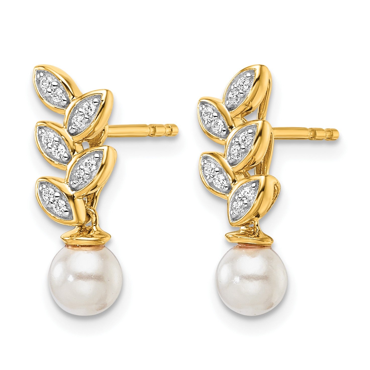 14K Polished 1/10 carat Diamond and White Freshwater Cultured Pearl Leaf Design Dangle Post Earrings