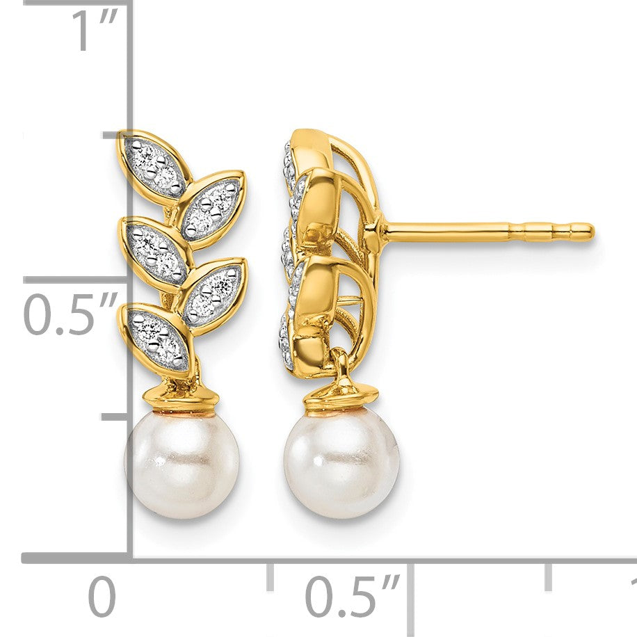 14K Polished 1/10 carat Diamond and White Freshwater Cultured Pearl Leaf Design Dangle Post Earrings