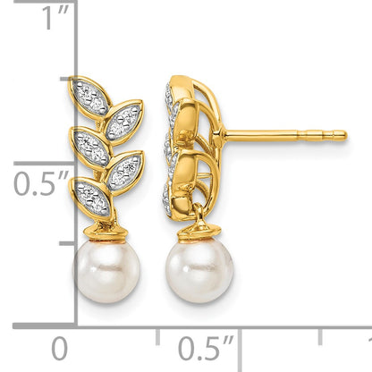 14K Polished 1/10 carat Diamond and White Freshwater Cultured Pearl Leaf Design Dangle Post Earrings