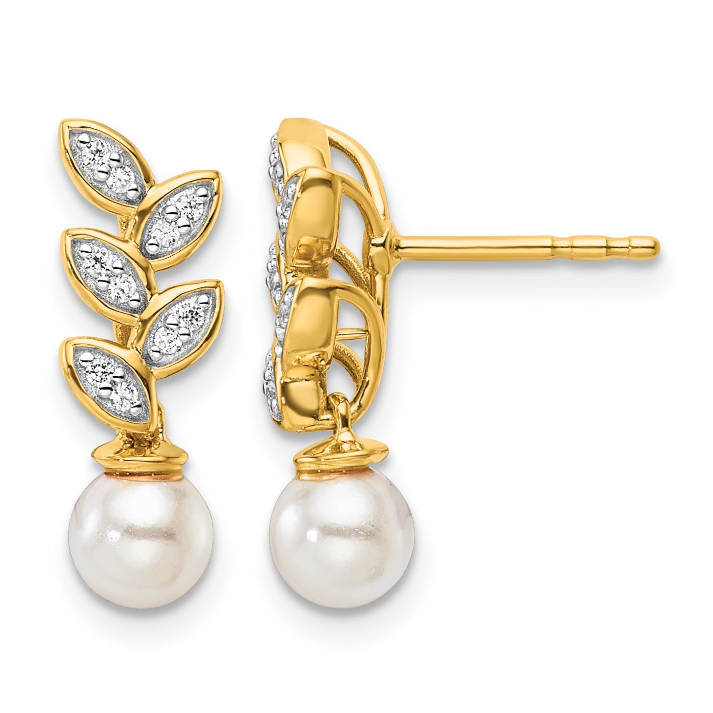 14K Polished 1/10 carat Diamond and White Freshwater Cultured Pearl Leaf Design Dangle Post Earrings