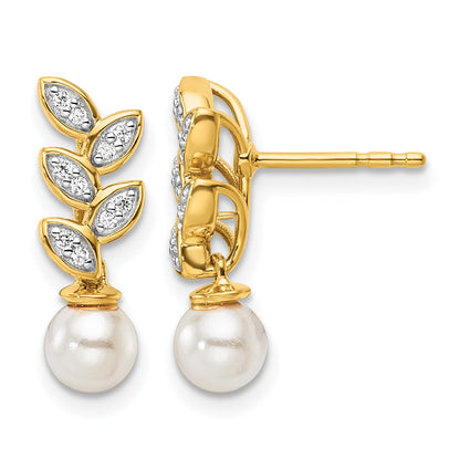 14K Polished 1/10 carat Diamond and White Freshwater Cultured Pearl Leaf Design Dangle Post Earrings