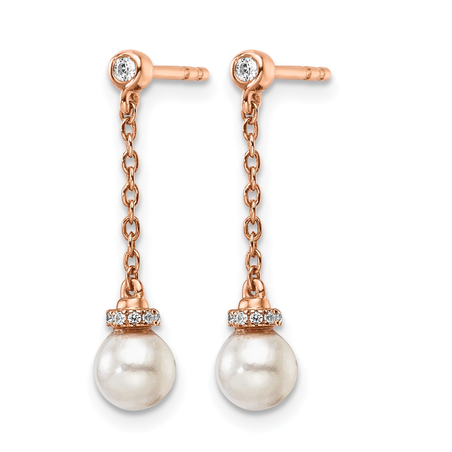 14K Rose Gold Polished 1/10 carat Diamond and White Freshwater Cultured Pearl Chain Dangle Post Earrings