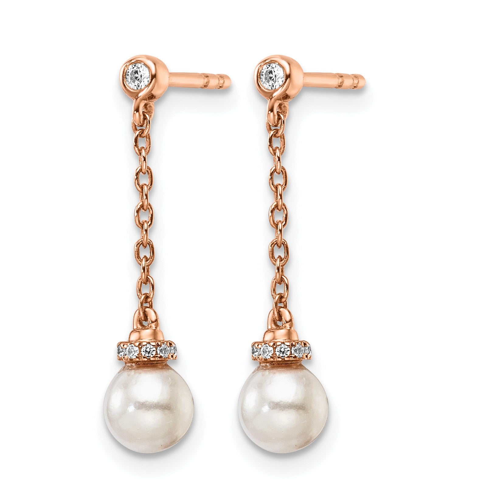 14K Rose Gold Polished 1/10 carat Diamond and White Freshwater Cultured Pearl Chain Dangle Post Earrings