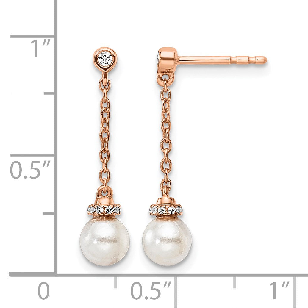 14K Rose Gold Polished 1/10 carat Diamond and White Freshwater Cultured Pearl Chain Dangle Post Earrings
