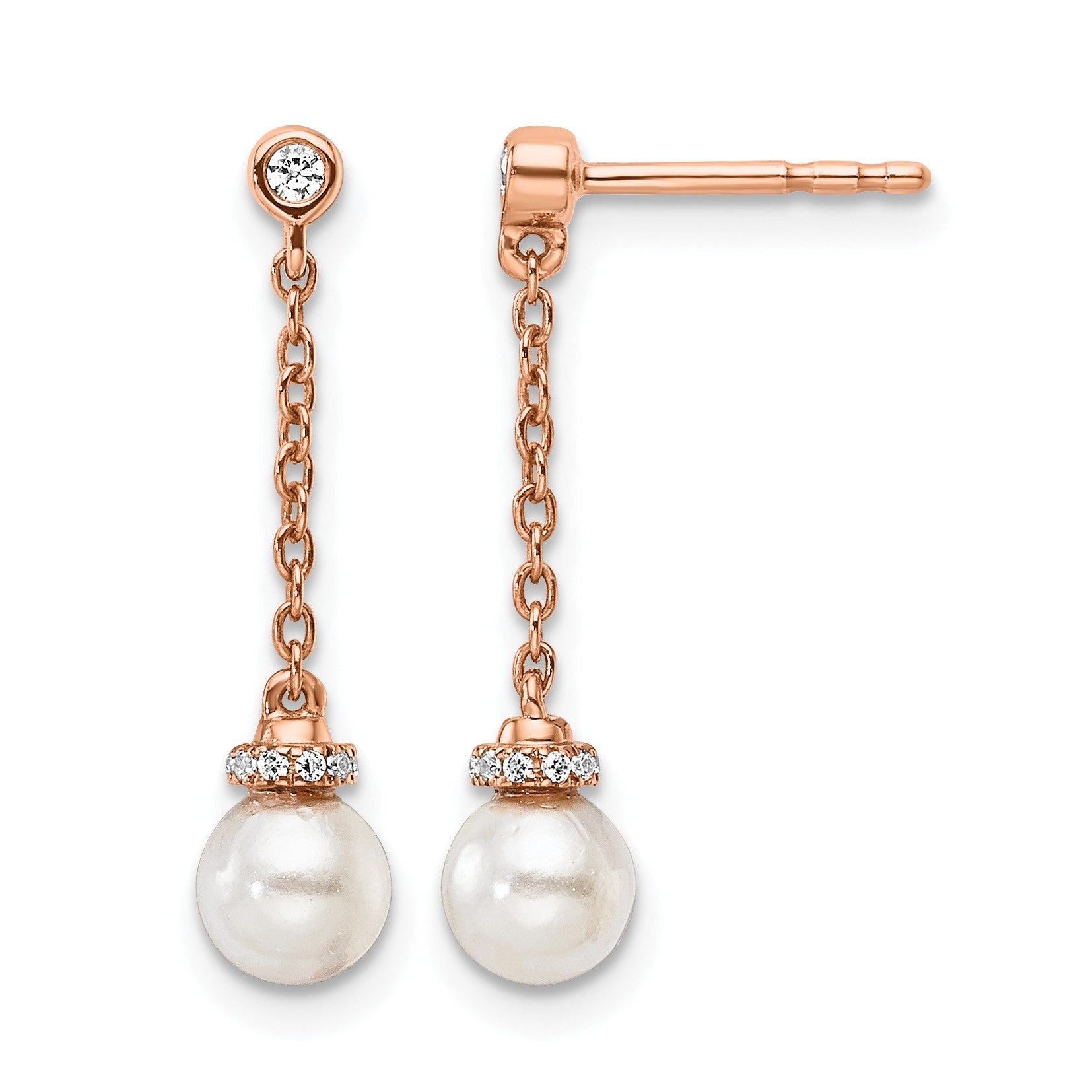 14K Rose Gold Polished 1/10 carat Diamond and White Freshwater Cultured Pearl Chain Dangle Post Earrings