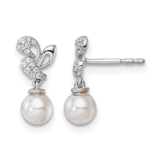 14K White Gold Polished 1/10 carat Diamond and White Freshwater Cultured Pearl Dangle Post Earrings