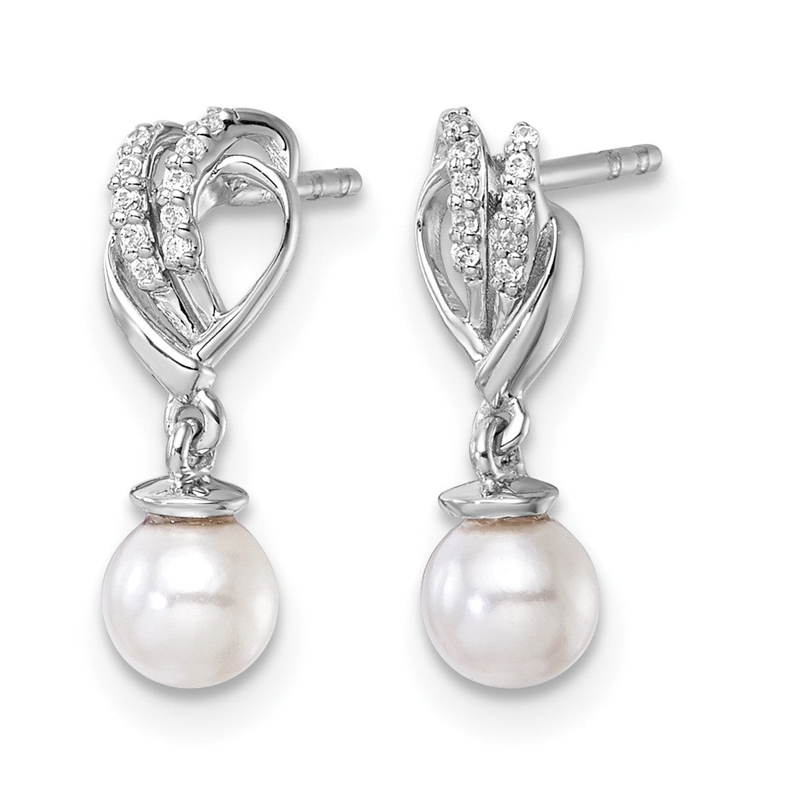 14K White Gold Polished 1/15 carat Diamond and White Freshwater Cultured Pearl Dangle Post Earrings