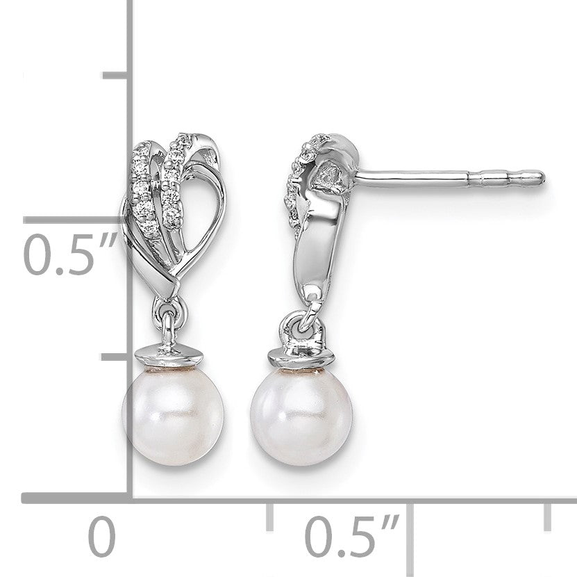 14K White Gold Polished 1/15 carat Diamond and White Freshwater Cultured Pearl Dangle Post Earrings