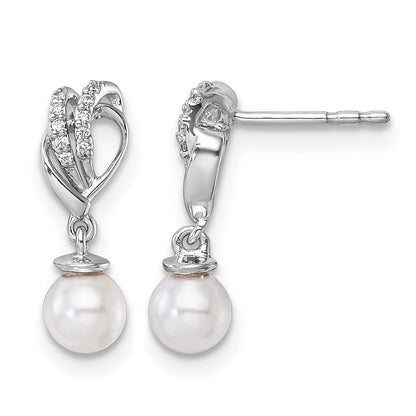 14K White Gold Polished 1/15 carat Diamond and White Freshwater Cultured Pearl Dangle Post Earrings
