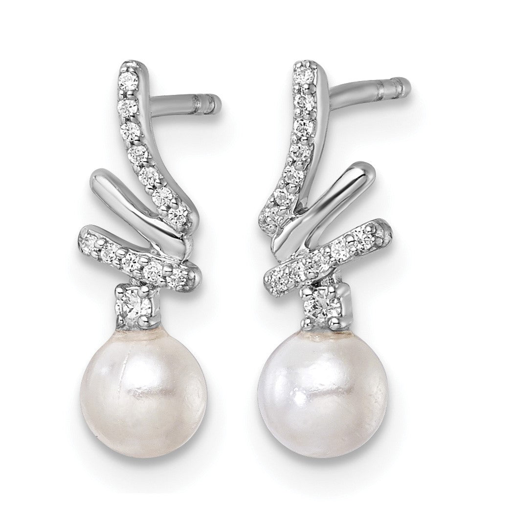 14K White Gold Polished 1/10 carat Diamond and White Freshwater Cultured Pearl Drop Post Earrings